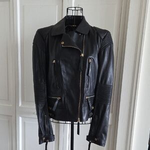Roberto Cavalli Stunning Black Leather Jacket with Gold Accents